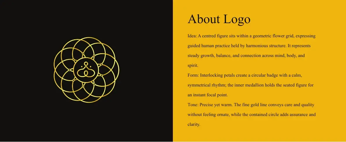 About the logo: the gold badge on black beside the design rationale
