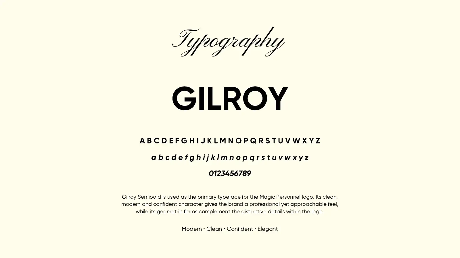 Typography page showing Gilroy and a script typeface
