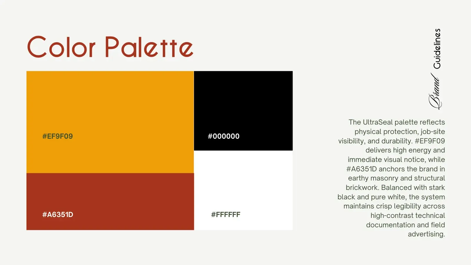 Colour palette: amber, brick, black and white