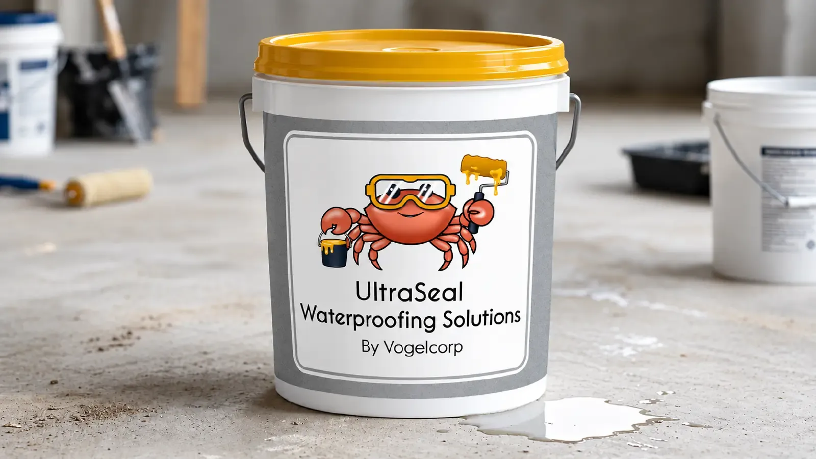 Brand identity for a waterproofing company: a cartoon crab mascot in safety goggles with a paint roller, on a paint bucket label