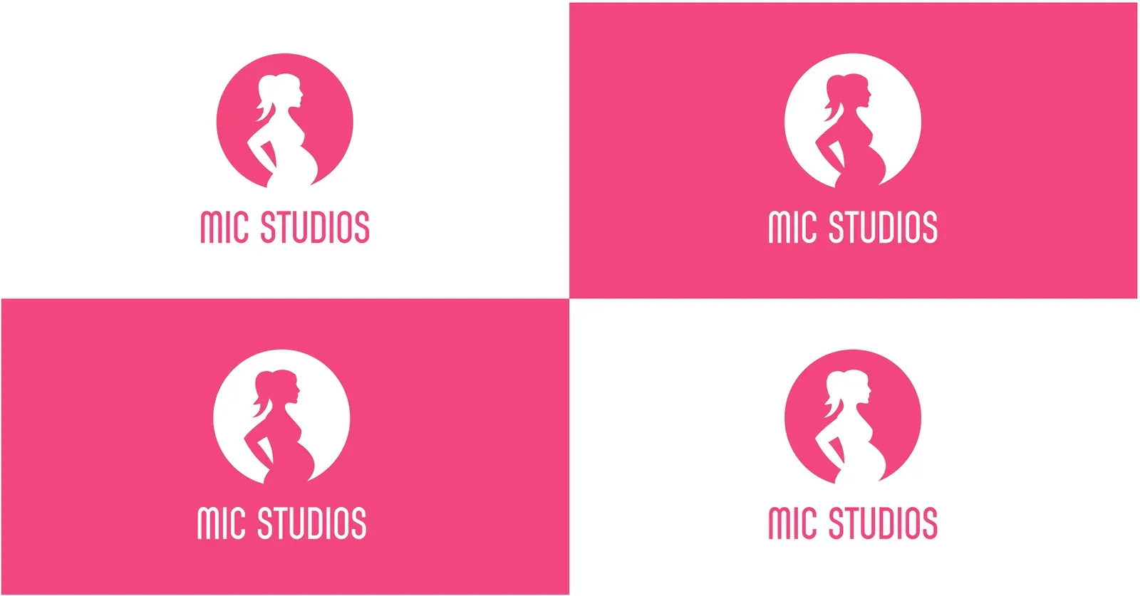 Four logo versions: pink on white, white on pink, and reversed circle versions