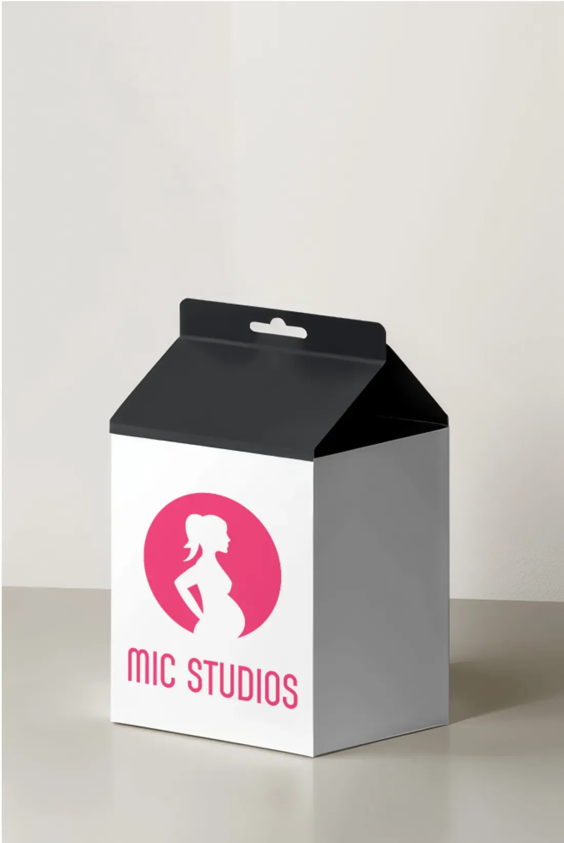 White hanging box printed with the MIC Studios logo