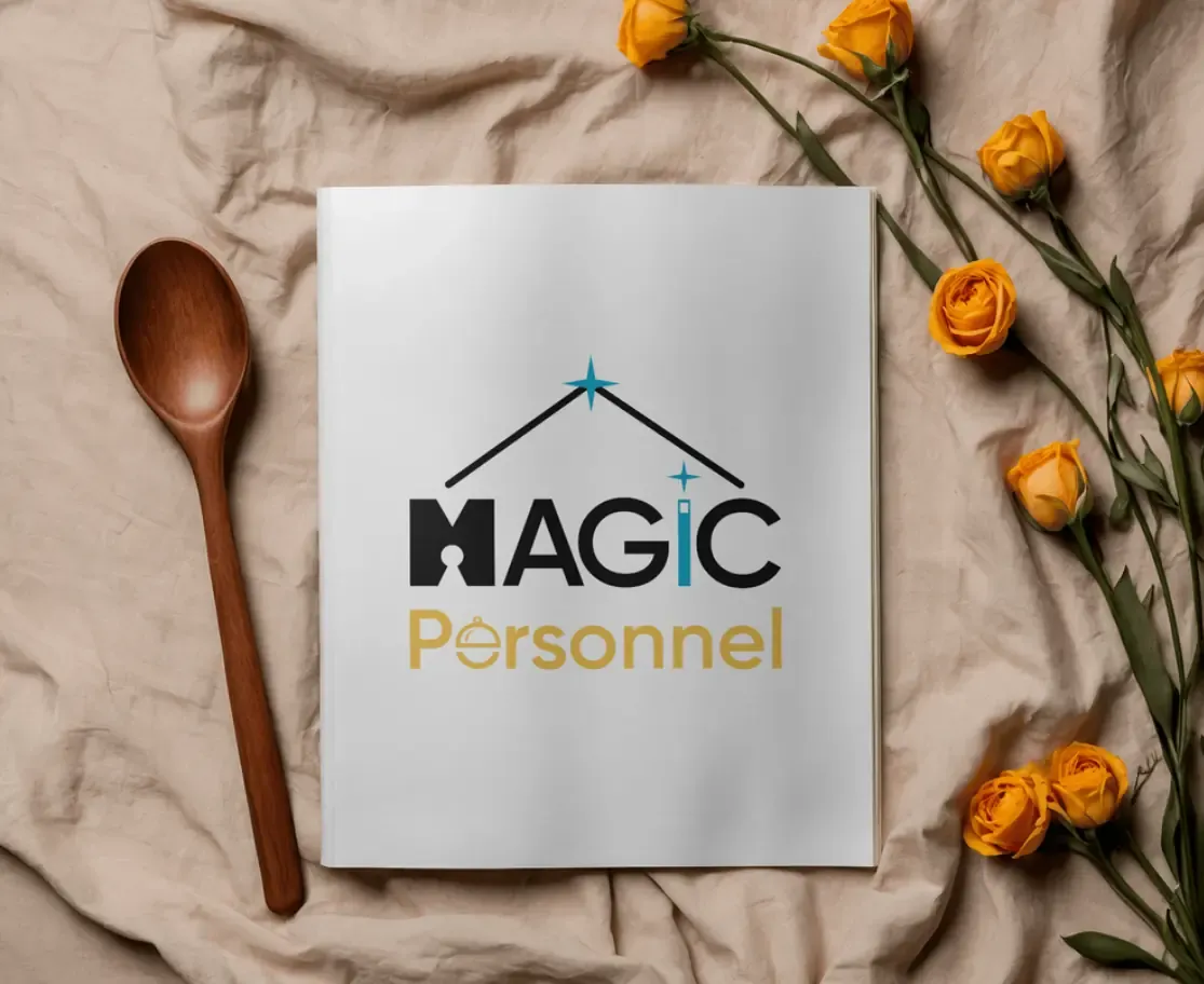 Brochure with the Magic Personnel logo beside a wooden spoon and roses
