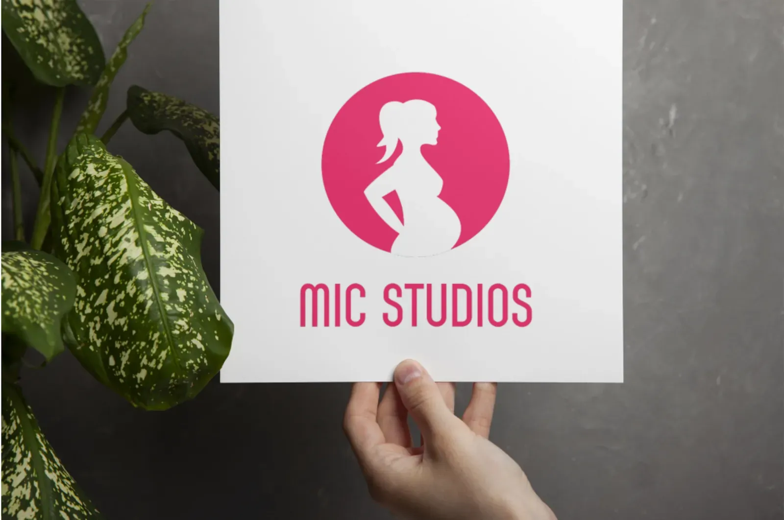 Hand holding a printed MIC Studios logo beside a plant
