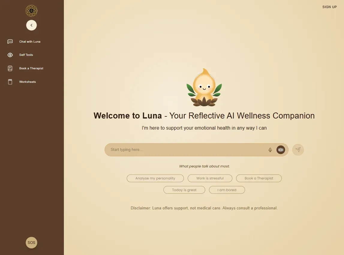 Luna, an AI wellness companion chatbot with a friendly flame mascot and suggested topics
