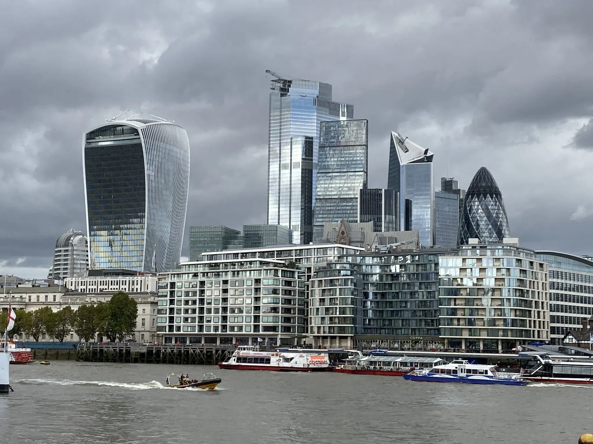 The London skyline with the Walkie-Talkie and the Gherkin beside the Thames