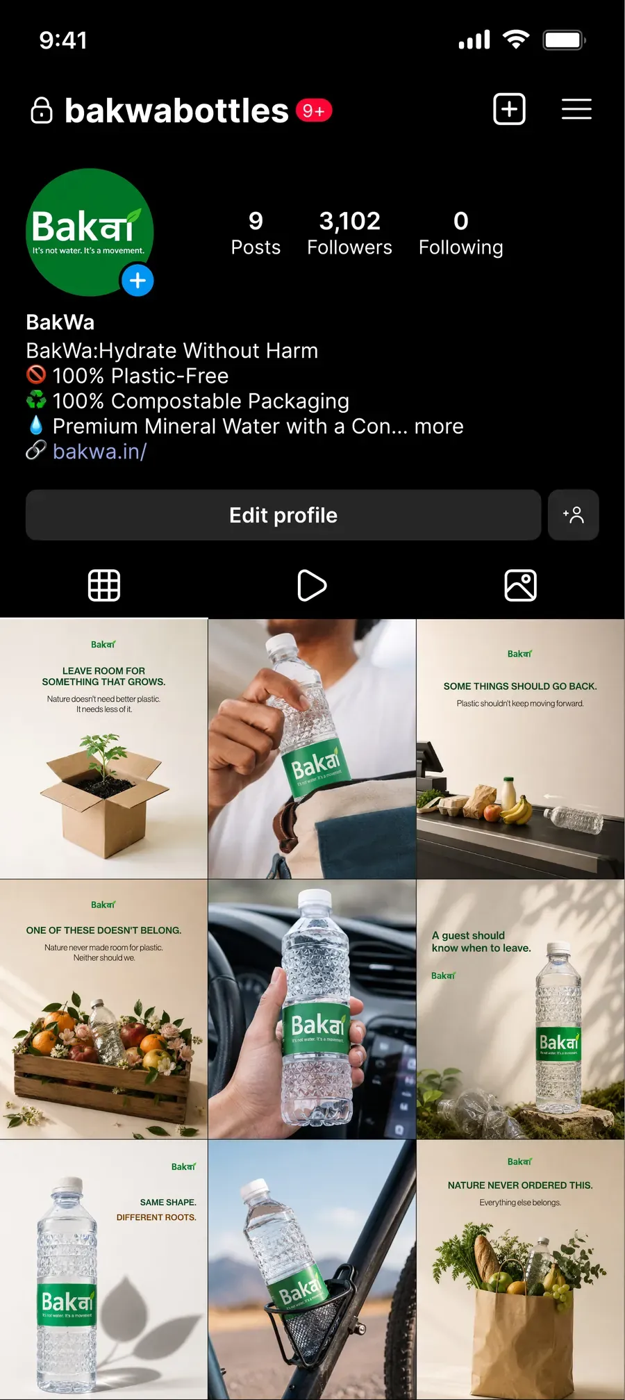 Complete Instagram profile and grid design for a sustainable packaging brand