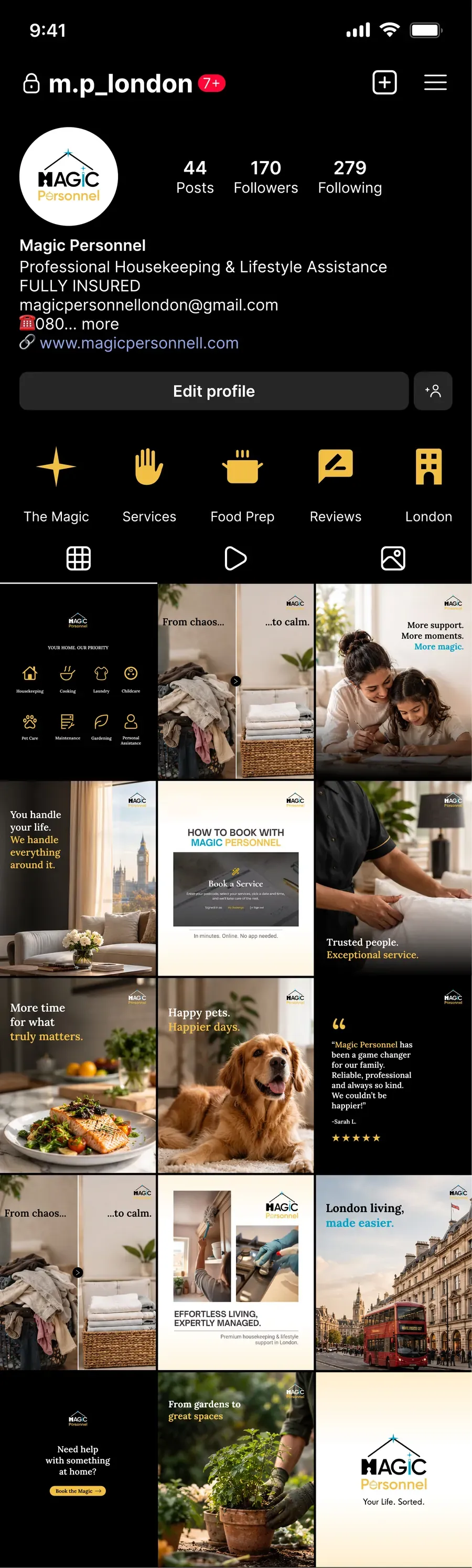 Complete Instagram profile and grid design for a housekeeping brand, in black, gold and photography