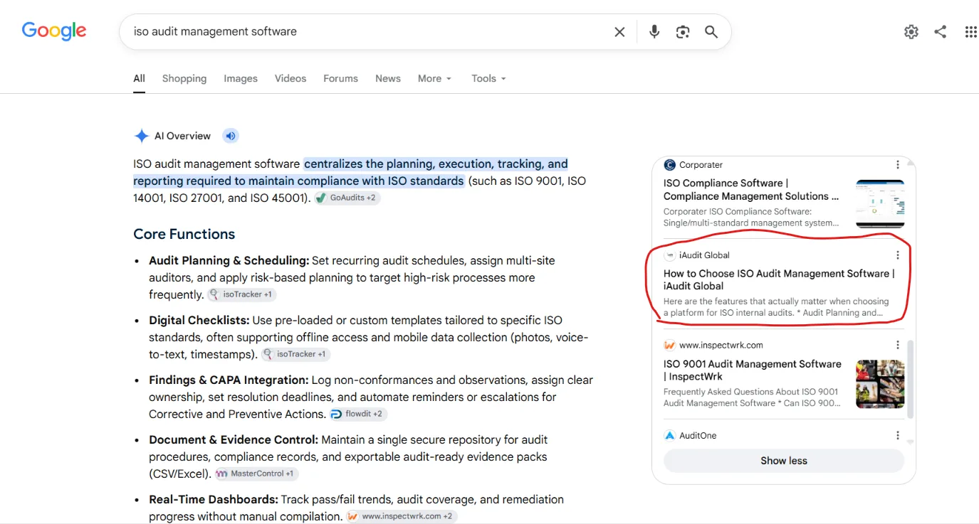 Google AI Overview for iso audit management software, with an iAudit Global article, How to Choose ISO Audit Management Software, circled in the sources panel