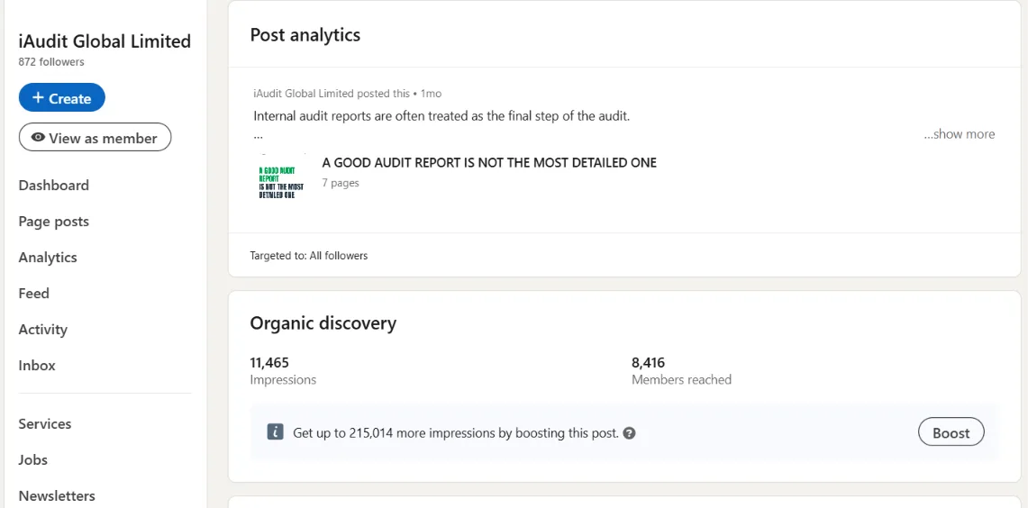 LinkedIn post analytics for a document post titled A good audit report is not the most detailed one, showing 11,465 impressions and 8,416 members reached
