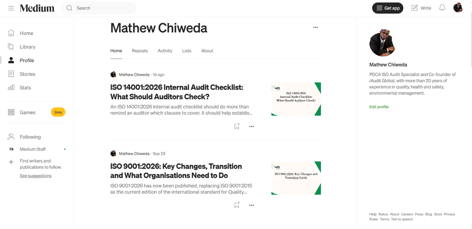 Medium profile of an iAudit Global co-founder showing recent articles on ISO 14001:2026 internal audit checklists and ISO 9001:2026 changes